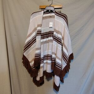 NWT CATO Cream and Brown Striped Knit Shawl Wrap with Fringe